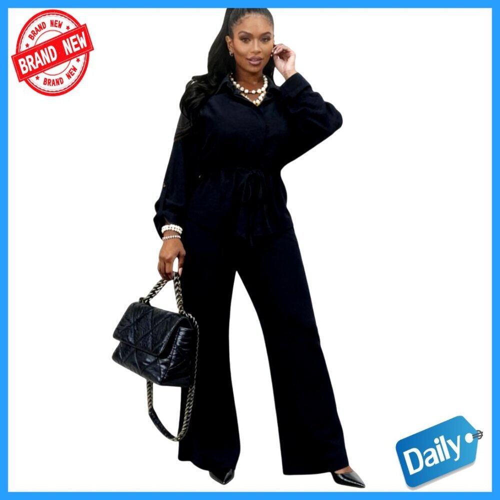 Women's 2-Piece Pant Set with Button Down Shirt and Wide Leg Pants